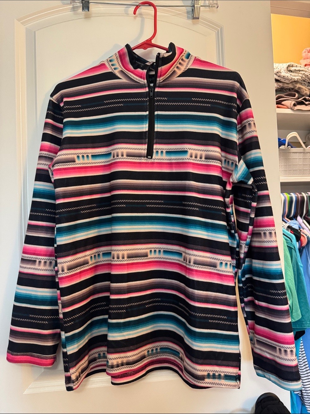 Striped Half-Zip Pullover in Black, Pink & Teal